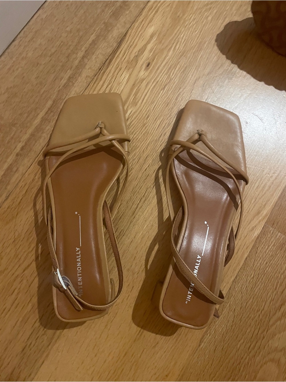 INTENTIONALLY BLANK Tan Minimalist Square-Toe Strappy Sandals
